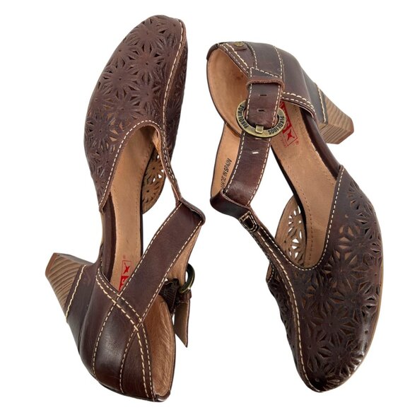 Pikolinos Floral Cutout T-Strap Heels Brown Leather Size 38 EU 7.5-8 US - Picture 2 of 13